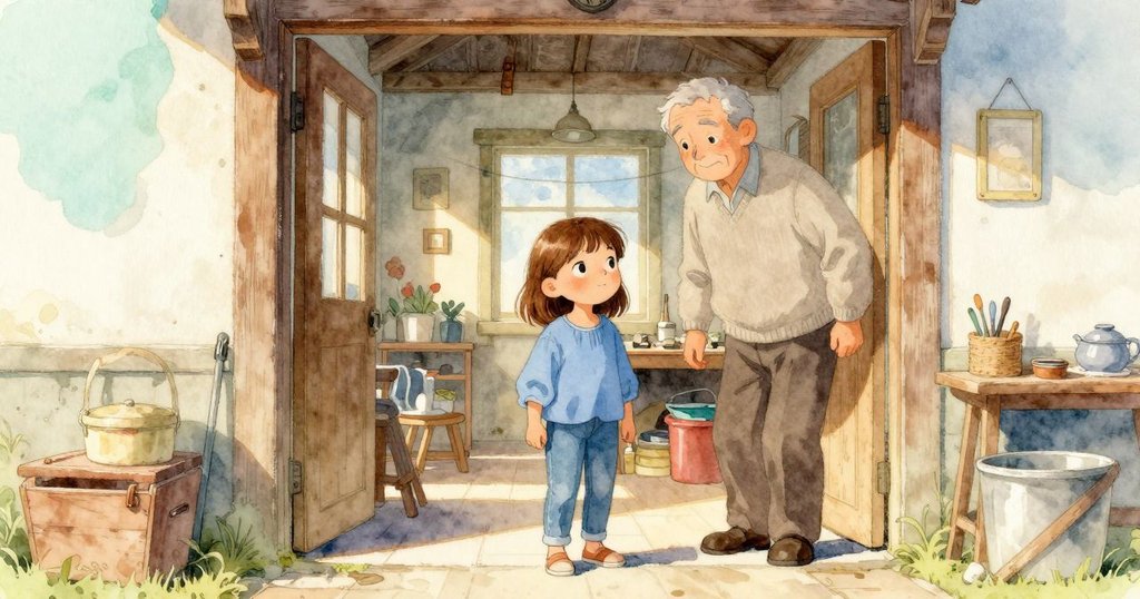 威拉走進溫暖家庭工作室，祖父在旁微笑觀看，早晨金色光線灑滿房間，表情堅定期待進入新挑戰