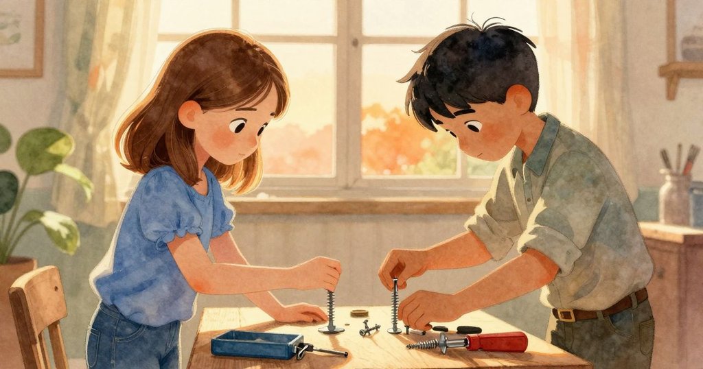 威拉小心添加金屬夾子，同時利安德在旁調整螺絲，午後陽光轉變，時間靜謐流轉互動協作