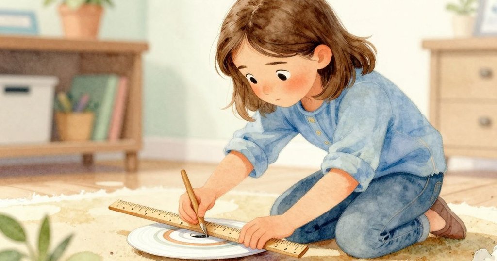 威拉蹲下使用木尺調整盤子，神情專注決斷，手法穩重，工作檯上工具零散彰顯挑戰關鍵時刻