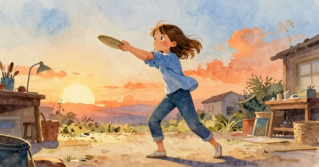 威拉欣賞穩定轉動盤片呈銅光閃爍，夕陽餘暉灑落工作室，成就感溫暖洋溢畫面完美締造