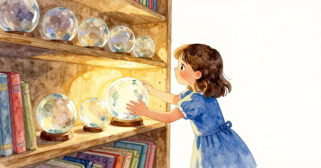 六月在室內溫暖燈光下將閃亮藍色玻璃球小心放在架上,燈光與陰影交錯,充滿期待與神秘氣氛