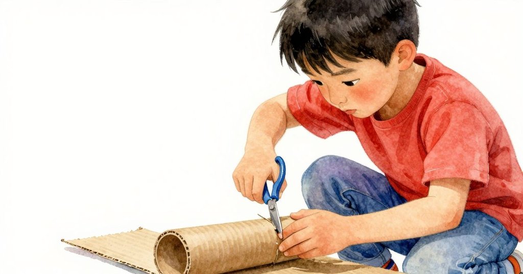 維德專注修剪紙板管,手中剪刀動作精確,背景呈現室內供給區,整體氛圍明亮而溫暖