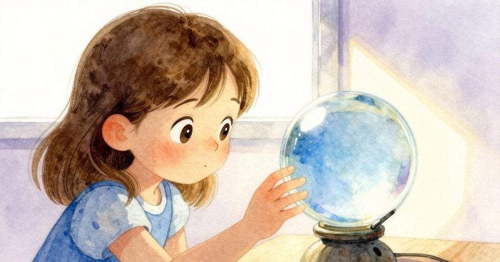 六月專注凝望玻璃球中反射的燈光,臉上表情充滿好奇與柔和溫暖,背景呈現傾斜平台與物品