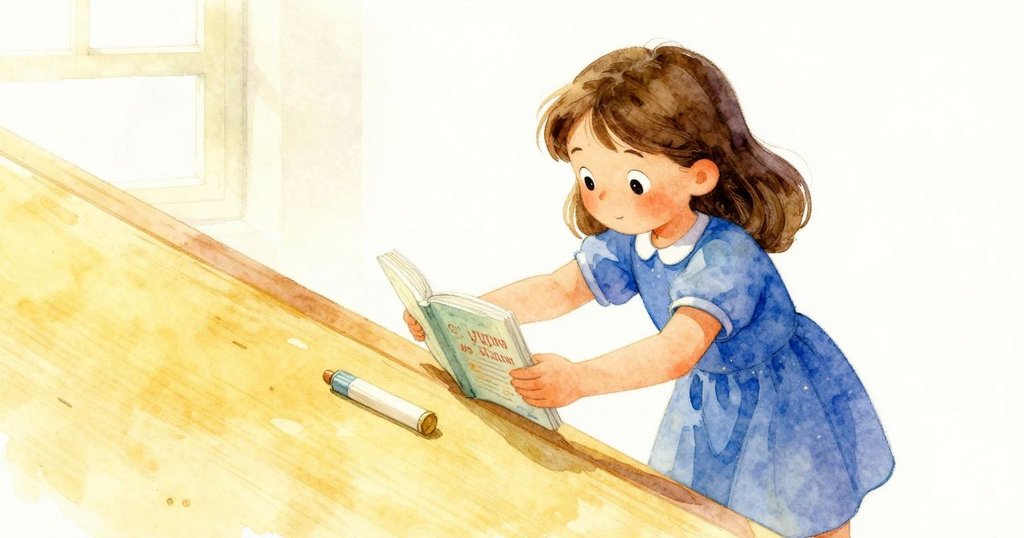 六月忙碌調整書本、食譜和膠帶,物品排列巧妙在斜坡上,光線從明亮轉為柔和黃昏,充滿決心