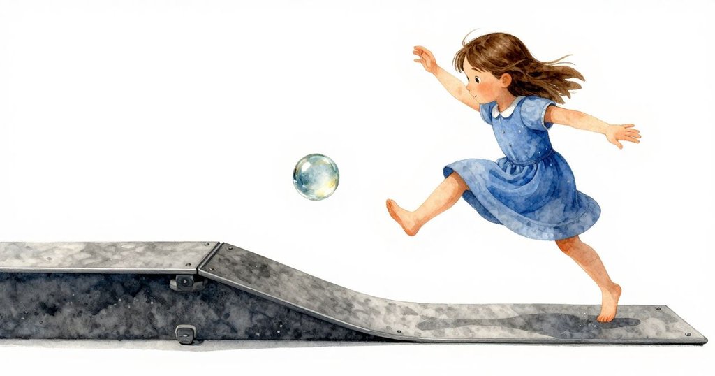 藍色玻璃球在斜坡轉彎處瞬間懸浮,六月驚訝注視,燈光明亮中帶出緊張與期待,細節清晰