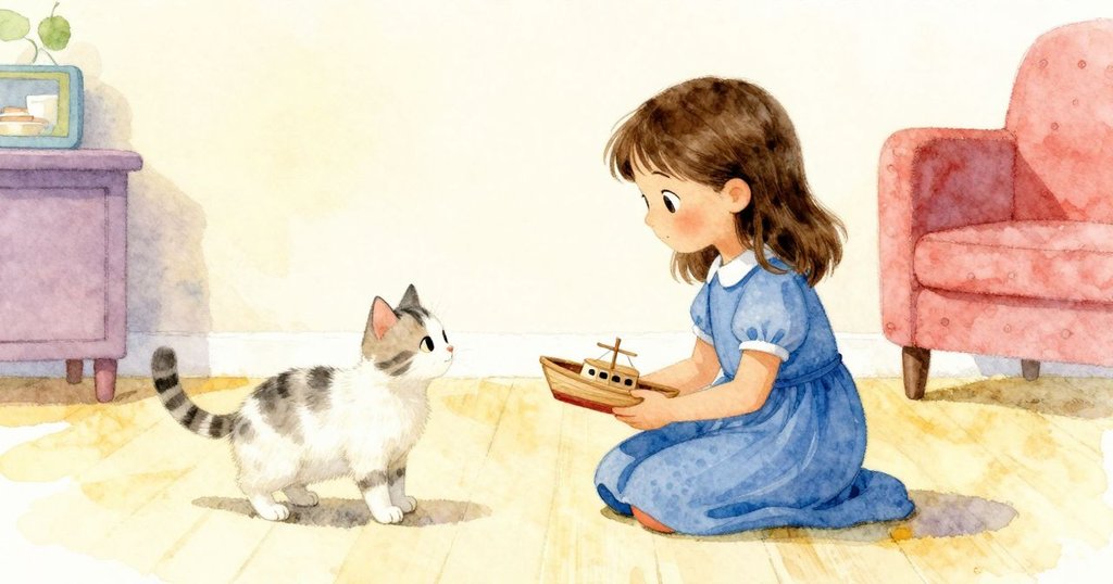 六月溫柔地握著小木船,奧娜輕步走近,室內供給區與物品整齊陳列,光線平和洋溢成功喜悅