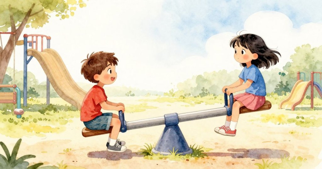 Finn 在陽光明媚的遊樂場上推動翹翹板，Zara 的腳輕輕擺動，表現出期待與活力