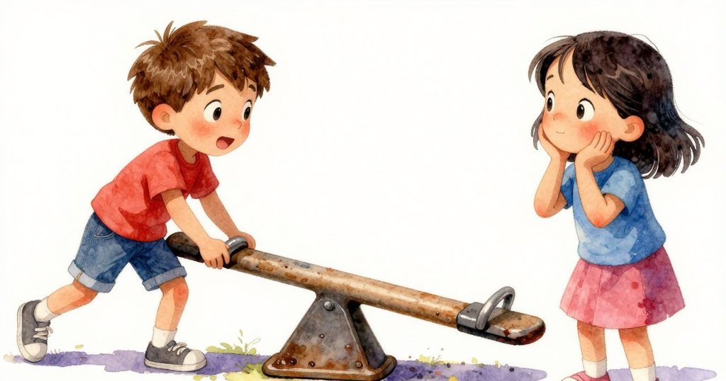 仔細描繪翹翹板的支點，呈現油膩閃光的金屬和燃燒橡膠痕跡，營造出微妙的緊張感