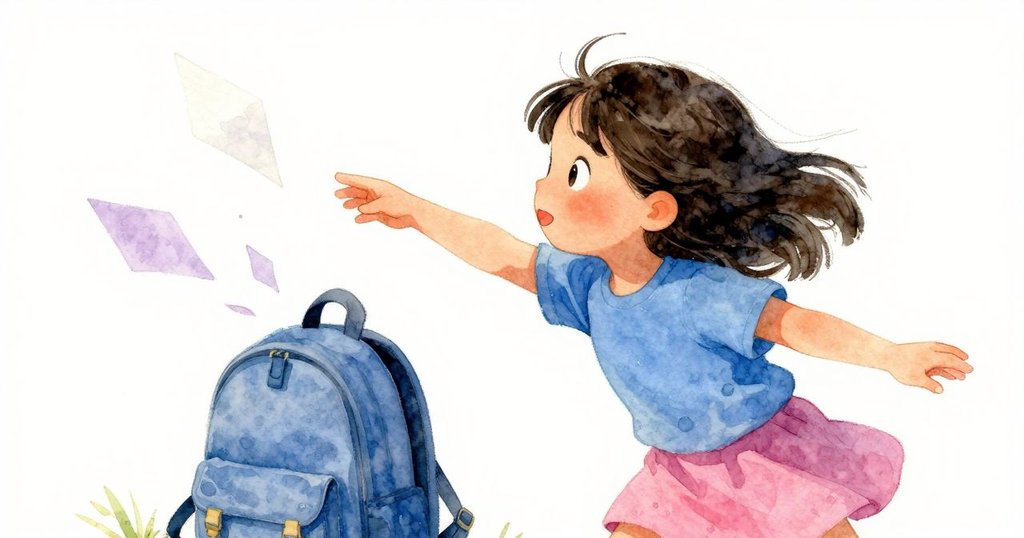 Zara 拉開背包，小心保護熱手柄，展現她專注又略帶驚訝的神情，紙張翩飛