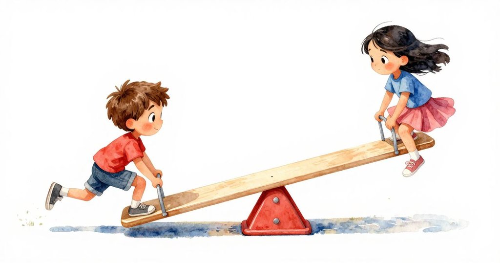 從高處俯瞰翹翹板動態平衡，Finn 懸空低垂，Zara 正努力調整重量，場面動感