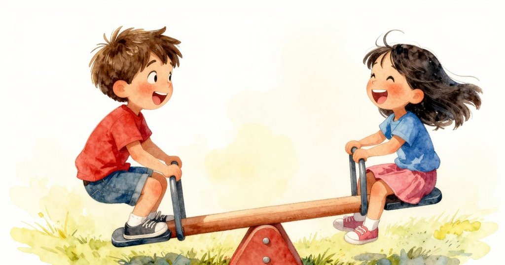 兩位孩子在短暫平衡後齊聲大笑，表情充滿勝利與驚喜，場景溫暖愉快