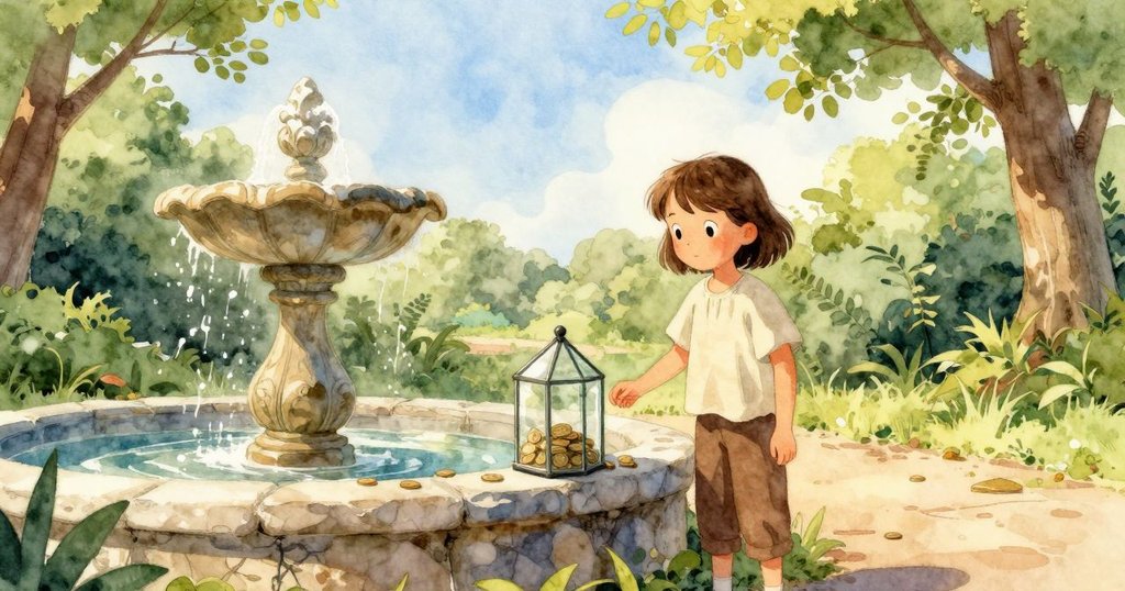 科萊特在晨光中將裝有小花的玻璃瓶輕放於石盆旁，硬幣飛散，背後有綠意盎然噴泉呈現柔和光影