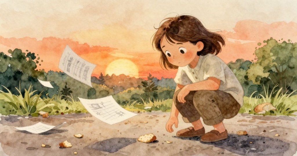 科萊特因陣風吹拂使素描本頁面飛散，倒在濕潤石板上麵包屑四處散落，她蹲身忙著撿拾