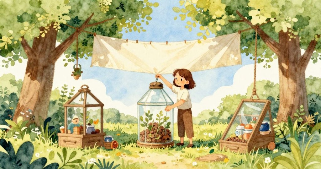 科萊特在舊節日橫幅下調整玻璃瓶位置，陽光透過樹枝灑落，營造出柔和季節氣息與自然美景