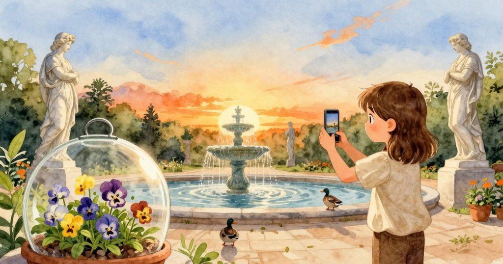 霧氣散盡後，科萊特用手機捕捉美景，祖父蹲旁拍攝大理石雕像，鴨子悠然走進畫面，呈現溫馨合奏