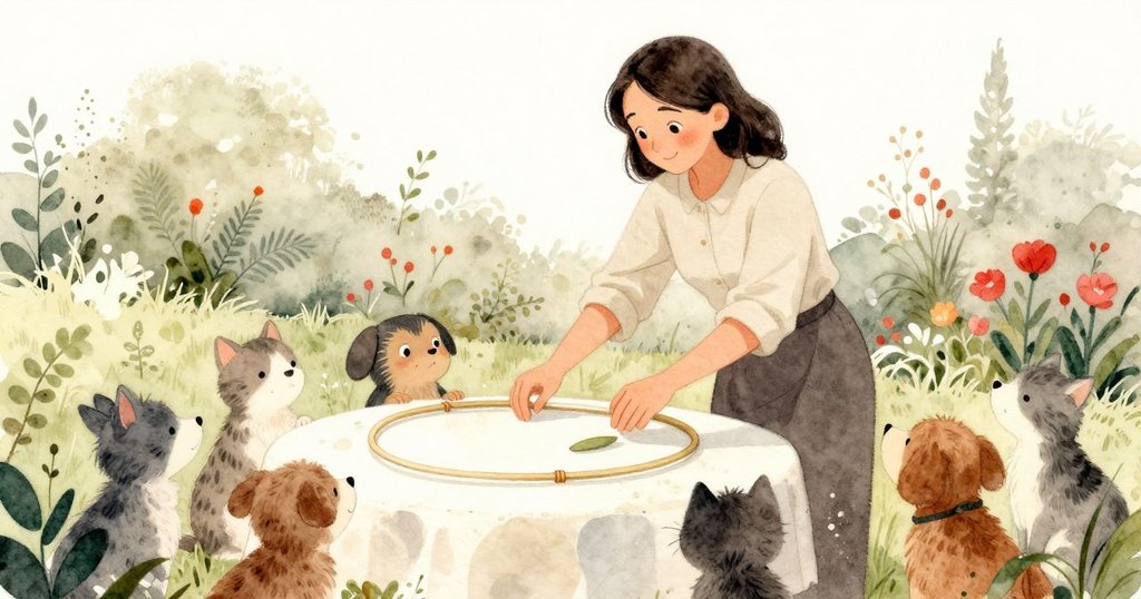 Sable在花園桌邊擺放圓圈, 四周聚集著好奇的小動物, 陽光柔和, 現場充滿生氣與溫暖, 敘事起始。