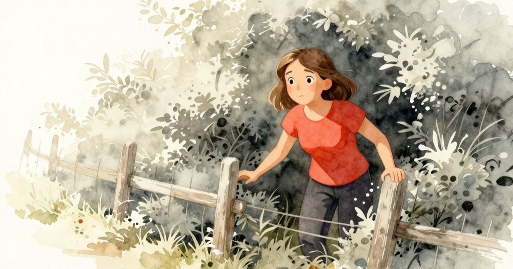 Jasmine從灌木中走出, 通過柵欄自然窗格呈現, 陽光斑駁, 臉上帶著驚喜與好奇, 情節逐漸展開。