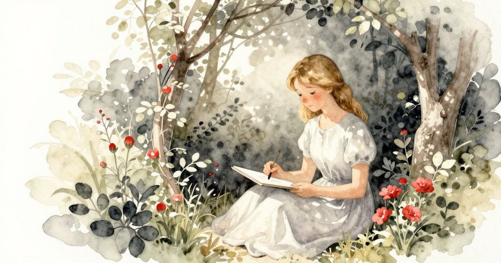 Ilsa在隱秘花園角落靜心素描, 彩虹光影輕拂紙面, 表情安詳, 營造出神秘又溫暖的氛圍, 敘事轉折。