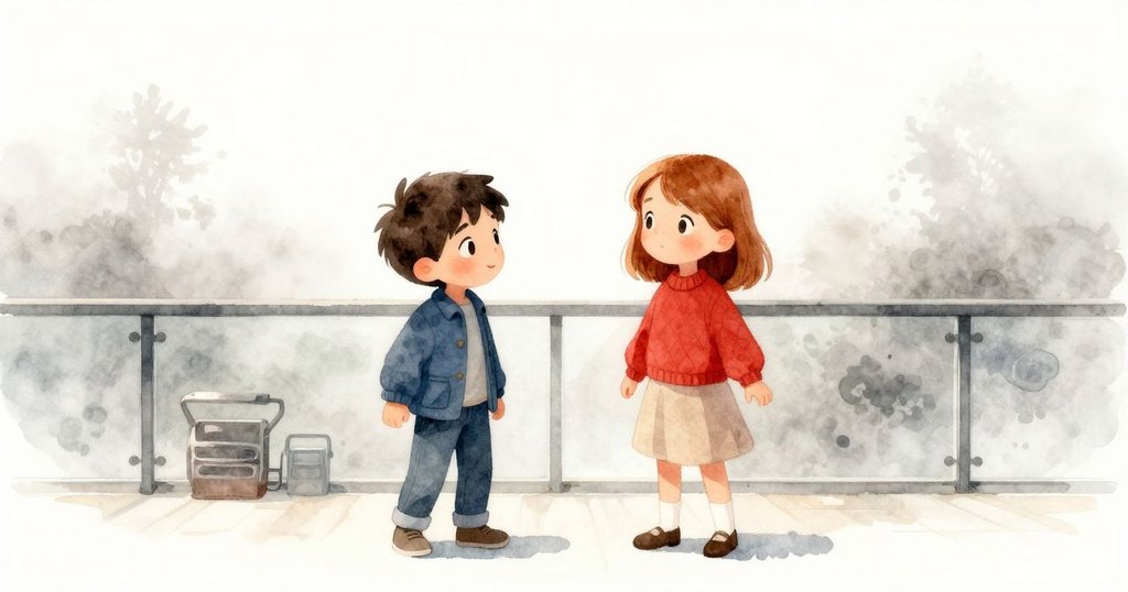 Wyatt與Flora在晨霧中站在玻璃欄杆旁，注視金屬裝置，臉上充滿期待與好奇，環境柔和寧靜。