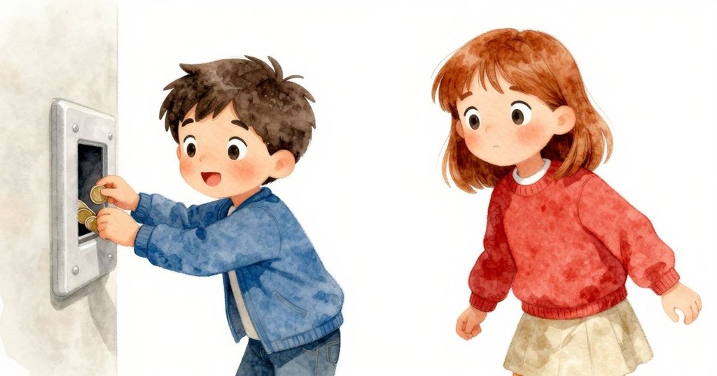 Wyatt的手專注地將硬幣投入淺色硬幣槽，細節清晰展現金屬質感，背景中其他遊客朦朧可見。