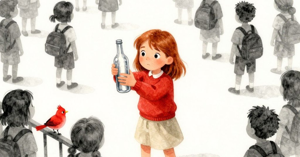 Flora在人群中穿梭，用銀色水瓶反射光線吸引紅鳥落欄杆，整體視角從高處俯視，場面充滿動感。