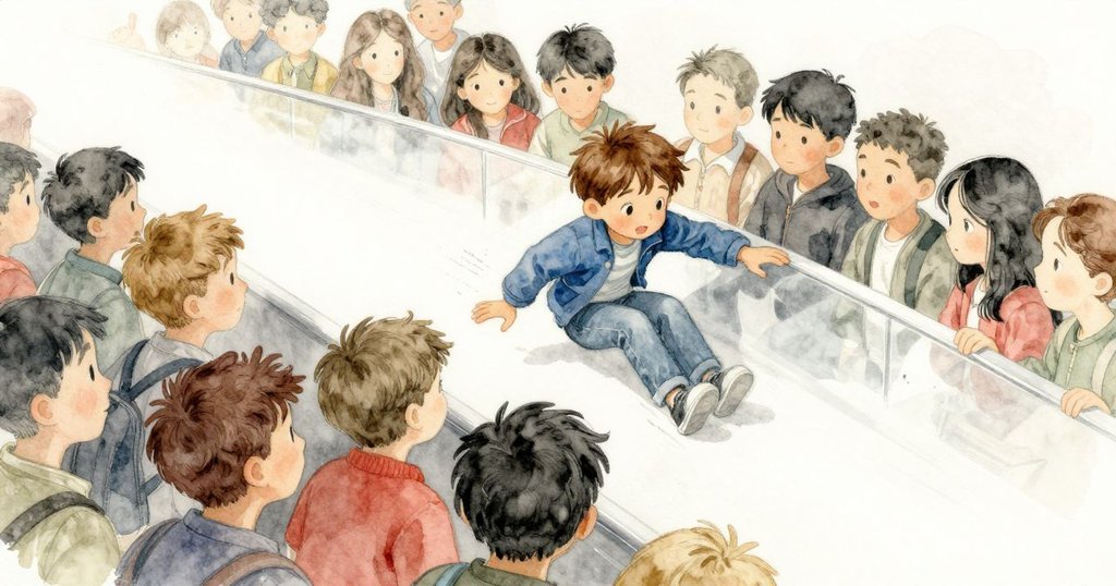 Wyatt勇敢穿過因紅鳥引起的縫隙，朝著彎曲玻璃面板迅速前進，神情堅定，周圍人群忙亂中隱約可見。