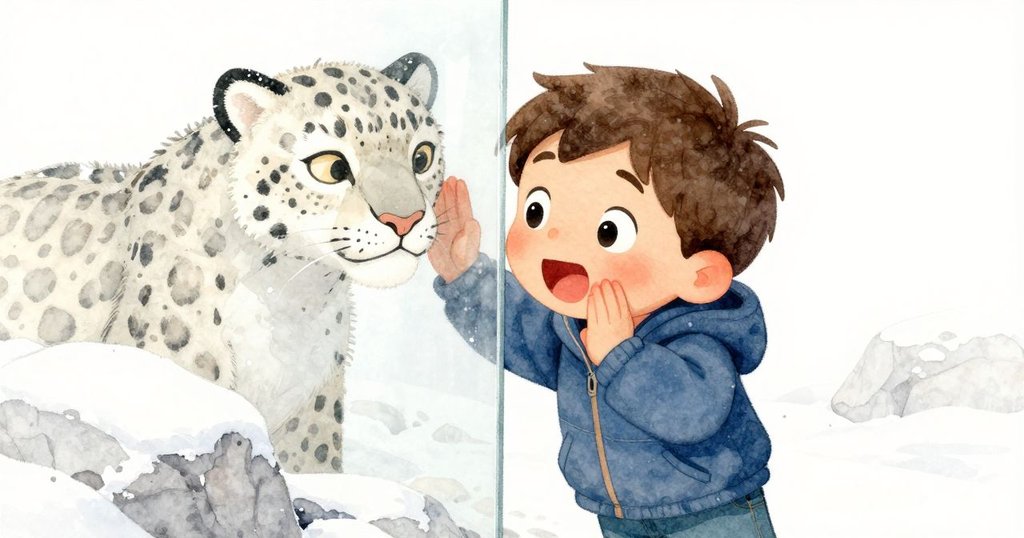 Wyatt專注地將額頭貼在冰涼玻璃上，透過反射隱現雪豹在冰白岩石間的身影，臉上充滿驚奇與期待。