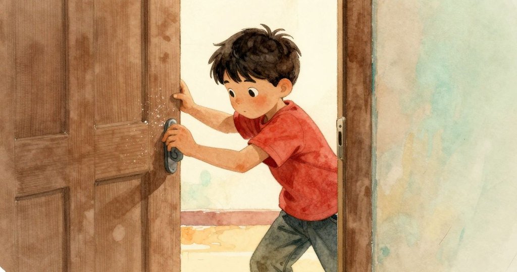 Xander小心將彩色紙張從狹窄缺口夾出，背景有門軌上粉塵和黏著捲帶，神情專注而堅定