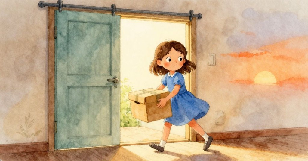 June快速移動身體讓箱子通過，滑動門帶著捲帶微顫，過渡空間充滿挑戰與決心