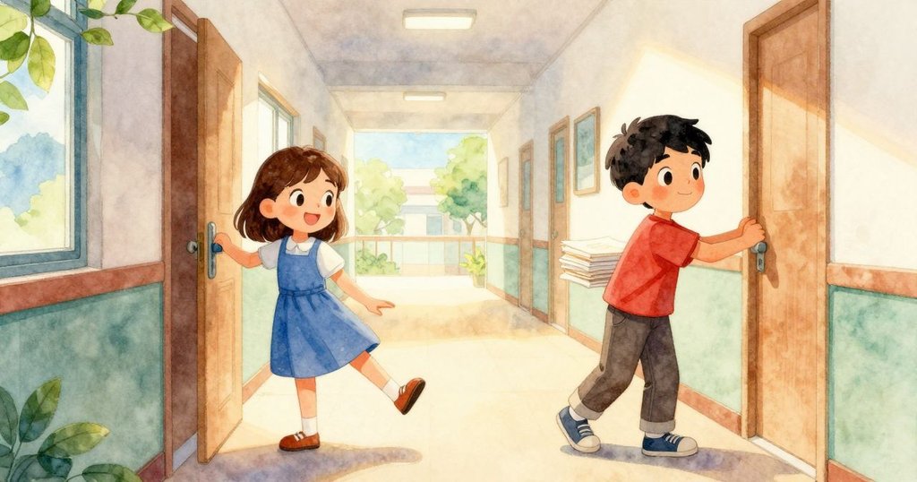 Xander和June在明亮走廊慶祝成功，Xander懷裡抱著紙堆感激點頭，June專注閉門，洋溢成就感