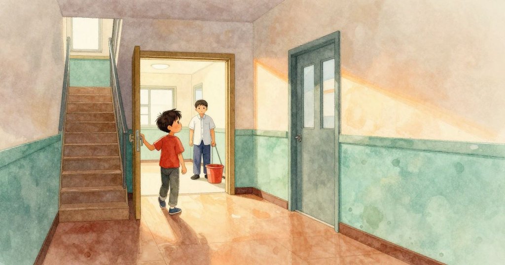 Xander從教室門安靜離去，清潔工於樓梯間推著桶告別，走廊在柔和光線中承載溫馨結局