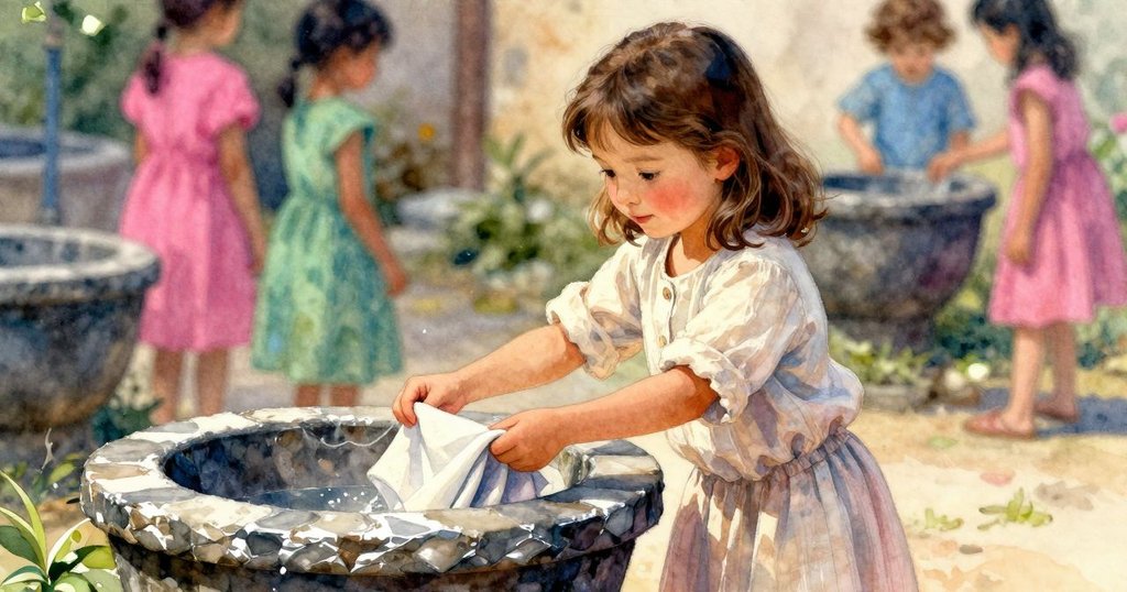 妮娜在石盆邊彎腰輕抬摺著的布，背景隱約展示整個工作場景，表情專注，開始進行調製鹽液的過程