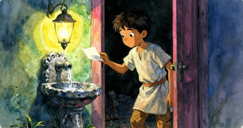 烏爾里克從門縫中現身，手持筆記本觀察石管流水，溫暖燈光投射出柔和陰影，神情專注細緻