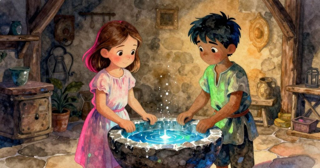 石盆和周圍石壁在溫暖琥珀光線中呈現寧靜氛圍，柔和陰影與閃爍水珠營造出內省情境