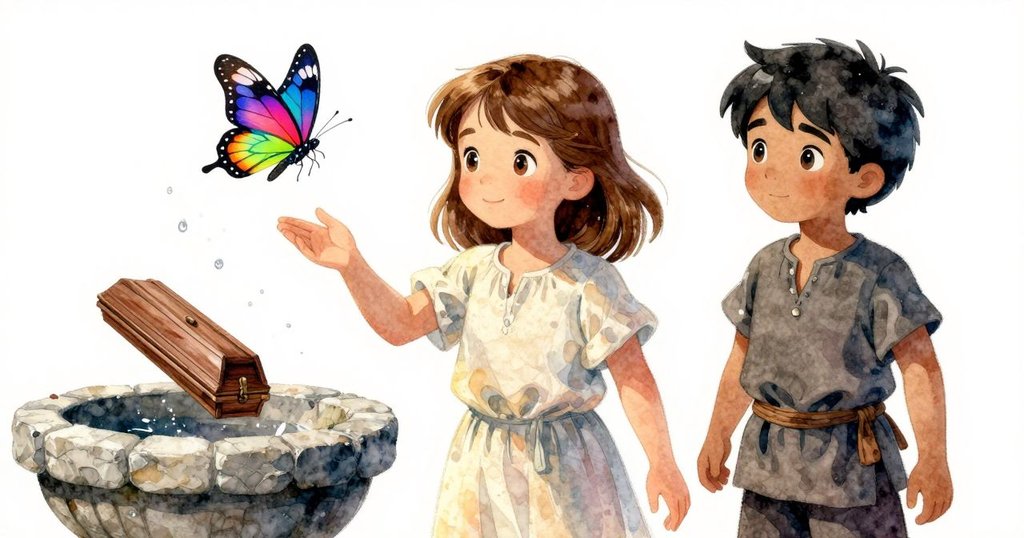 鮮豔蝴蝶在石盆上方飛舞，黃翼散落水珠，動感十足地追逐光線，展現充滿活力和趣味的場景