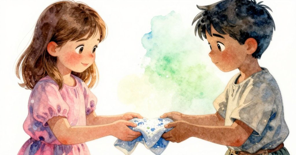 妮娜與烏爾里克專注合作，交換摺疊好且閃爍鹽晶的布料，彼此滿意微笑，展現共同成就的溫馨場面