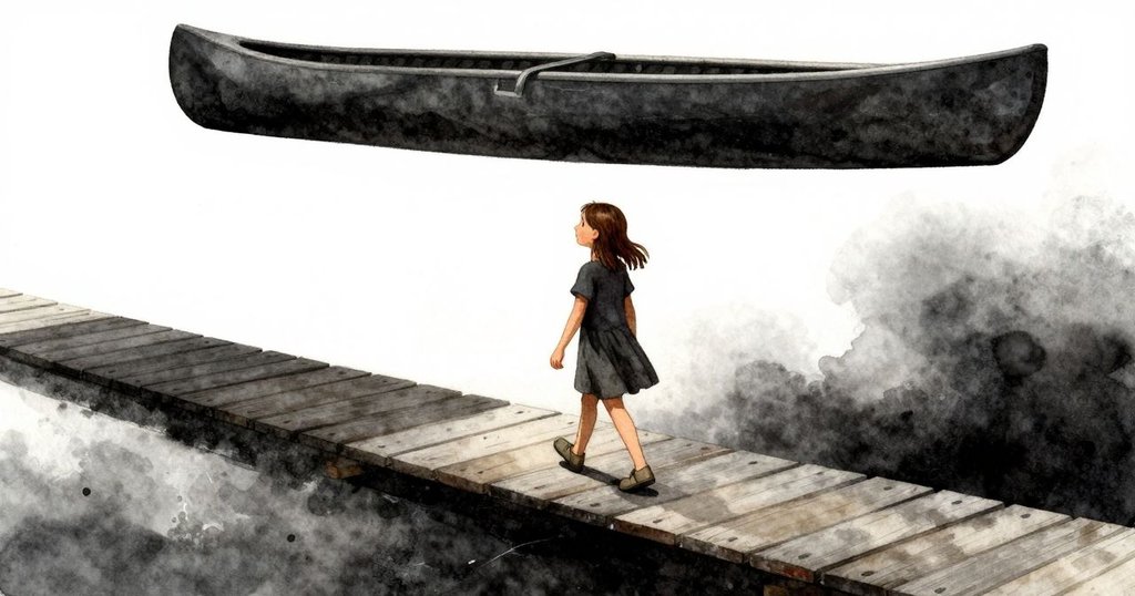 艾拉快步走過室內木板走道, 鋪有暗色標記, 樓上懸掛著小艇, 現場熱鬧充滿期待與歡樂的氣氛