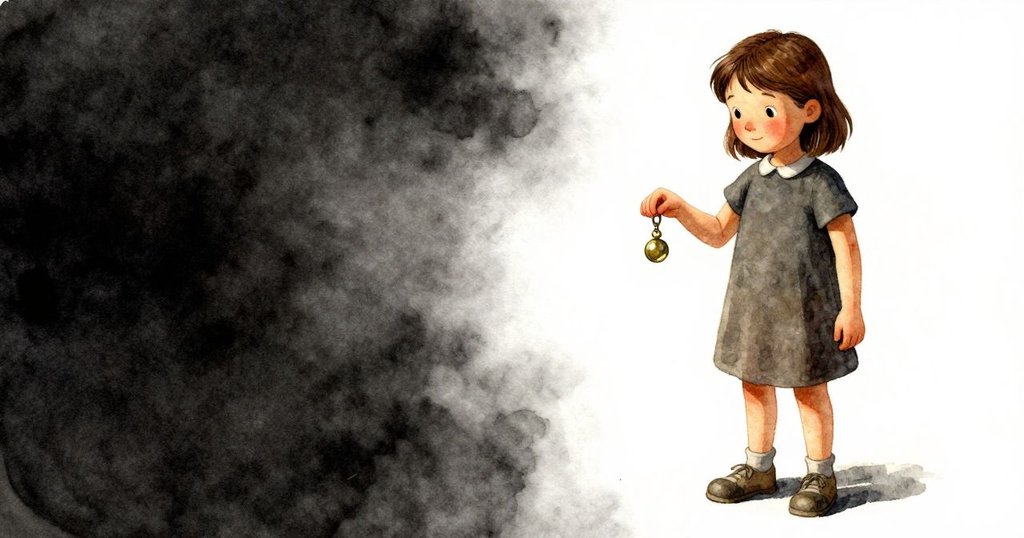 艾拉專注地拿起報紙旁閃耀的銅錨小飾品, 展現出深沉象徵與發現的微妙感動