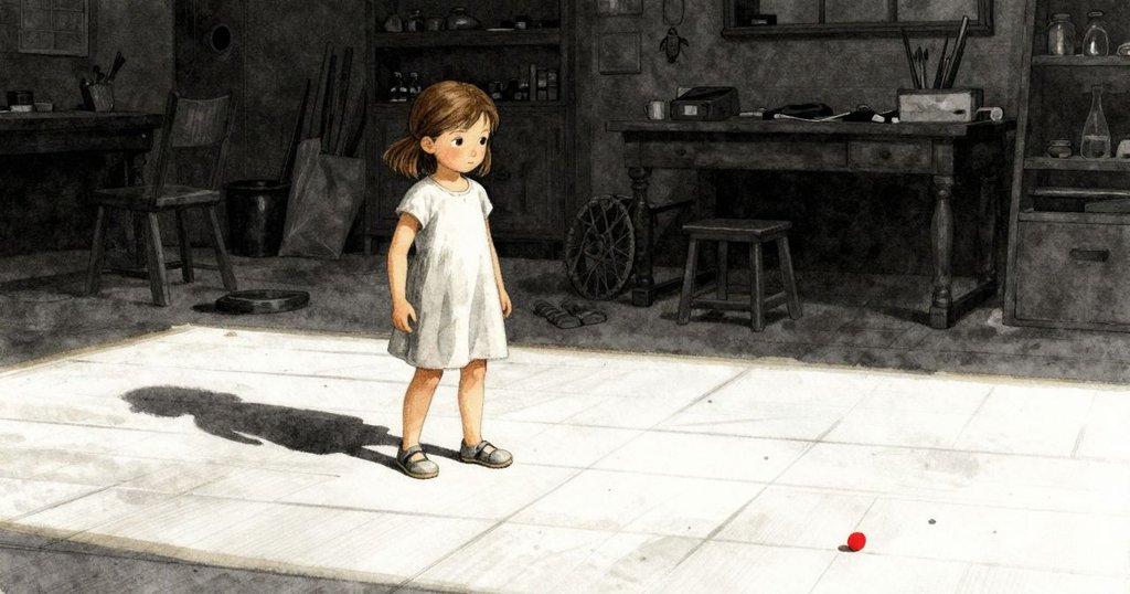 從昆蟲視角看到亮色修補木板, 艾拉在後方優雅走動, 充滿好奇與廣闊探索的室內情境