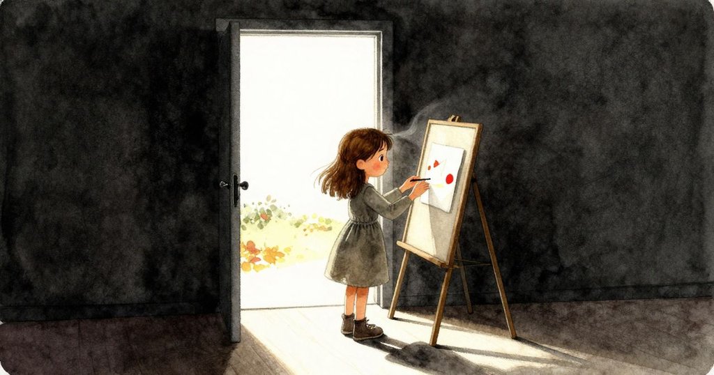 艾拉忙於手工區, 開放門引入秋風, 飄舞的樹葉與紙張呼應室內外季節轉換的美感