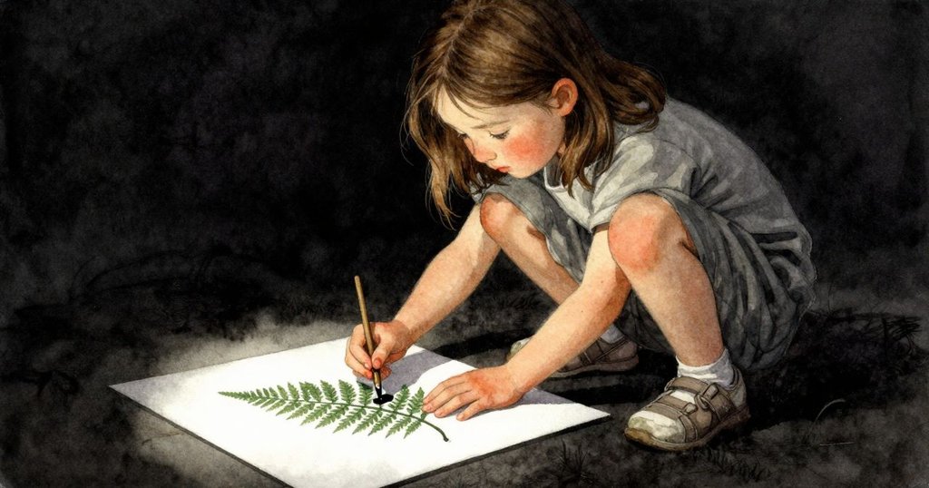 艾拉專注地操作蕨葉和乾墨, 輕巧翻動植物與紙張融合, 呈現出創意發揮和藝術實踐的生動畫面