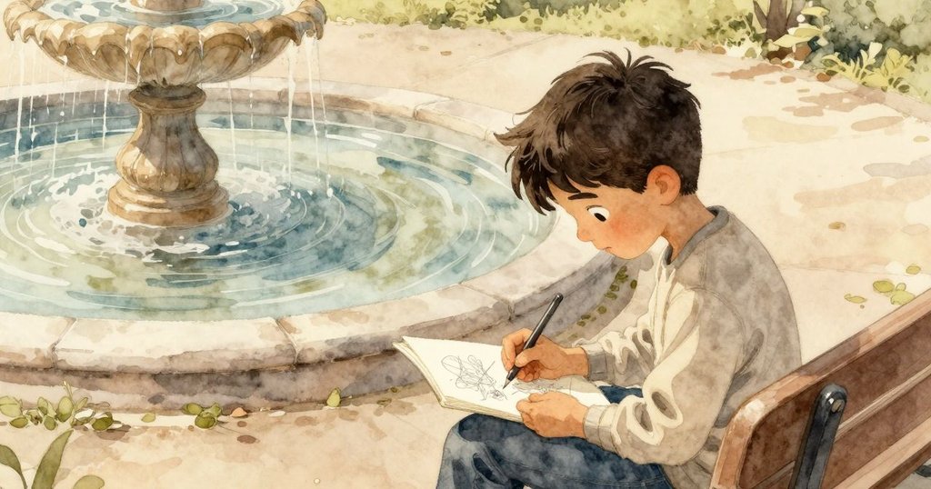 烏利克坐在樹蔭長椅上畫畫，背景有噴泉、樹籬和遠處敲鐘的塔樓，顯示故事開端溫暖氛圍