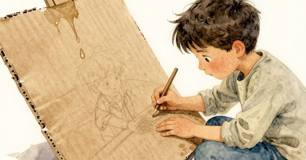 烏利克正用舊紙板遮擋濕潤噴霧，手部細節特寫展現他保護畫紙的專注情景