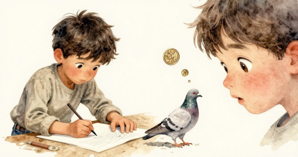 鴿子跳近畫本邊緣，水滴散落形成硬幣形狀，畫面分割展示動靜並存的創意全景