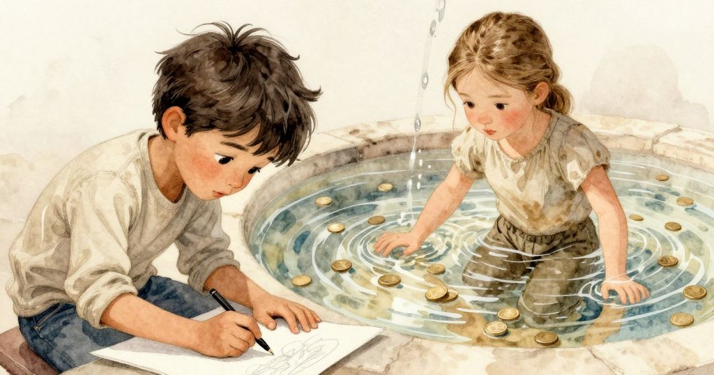 在噴泉邊柔和水幕中，硬幣輪廓隱現，水流與光線交織下呈現微妙、夢幻的細節