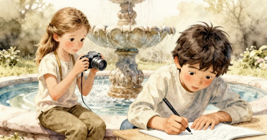 琪拉蹲下用相機記錄烏利克創作瞬間，兩人互動自然專注，背景有噴泉和樹籬，展現創意協作