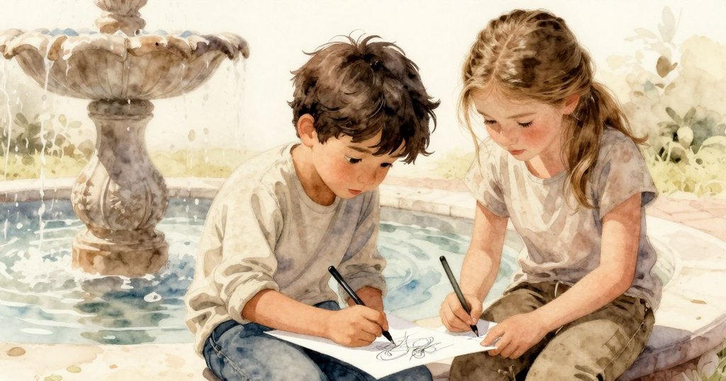 烏利克與琪拉在夕光中審視創作成果，互相分享滿足與勝利的情感，背景展現柔和噴泉與暮色時光