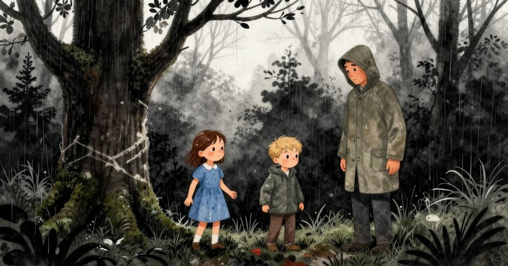 Esme與Jasper在陰雨濕潤的森林中探索，一棵樹上有一道霜白帶，父親遠處在岩石上等待，展現冒險開始的氛圍。