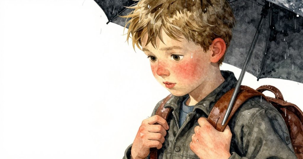 Jasper正專注調整皮革背包的strap，雨滴閃爍細節豐富，背景略帶模糊，呈現準備冒險的精緻感。