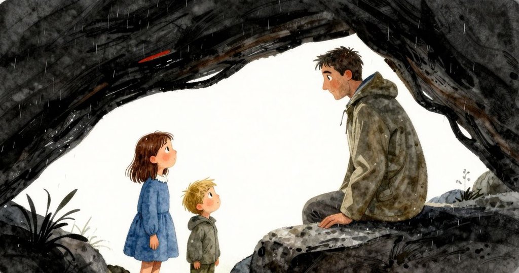 Esme與Jasper透過倒下樹幹的縫隙觀察遠處在岩石上等待的父親，場景充滿神秘與好奇的情感。